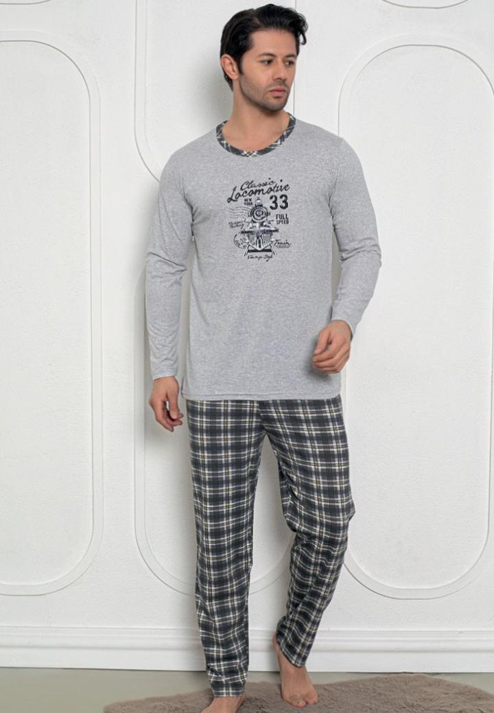 Pijama Bărbat, Mâneci Lungi și Pantaloni Lungi Asortați, Imprimeu Locomotivă, gri